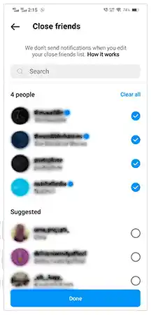 List of Close Friends and Suggested accounts