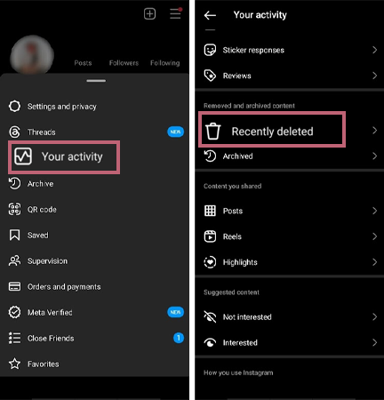 Select your activity and hit the recently deleted option