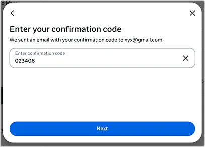 Enter verification code and Next