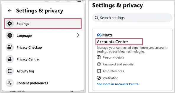 Hit Settings, then Accounts Centre