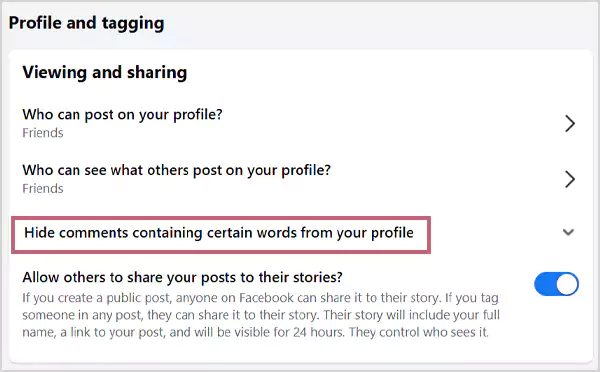 Tap on Hide Comments Containing Certain Words From Your Profile